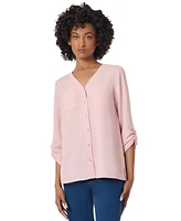 Jones New York Petite Collarless V-Neck Tunic Blouse