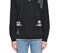 Karl Lagerfeld Paris Women's V-Neck Embellished Varsity Sweater