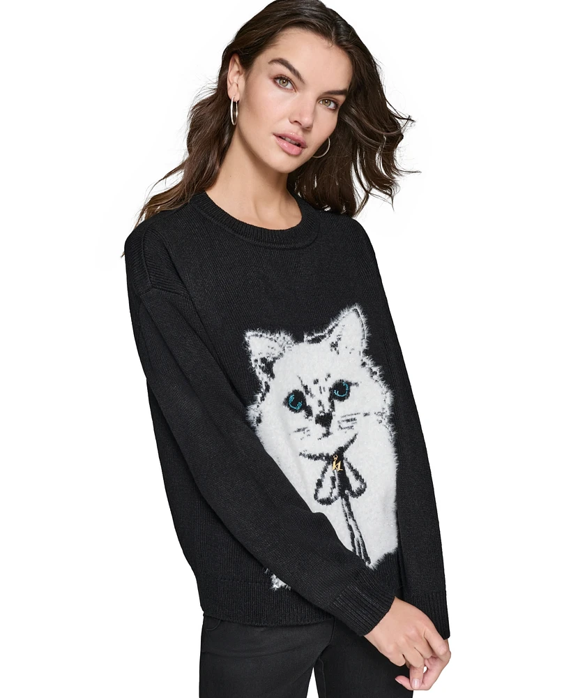 Karl Lagerfeld Paris Women's Choupette Cat Crewneck Sweater