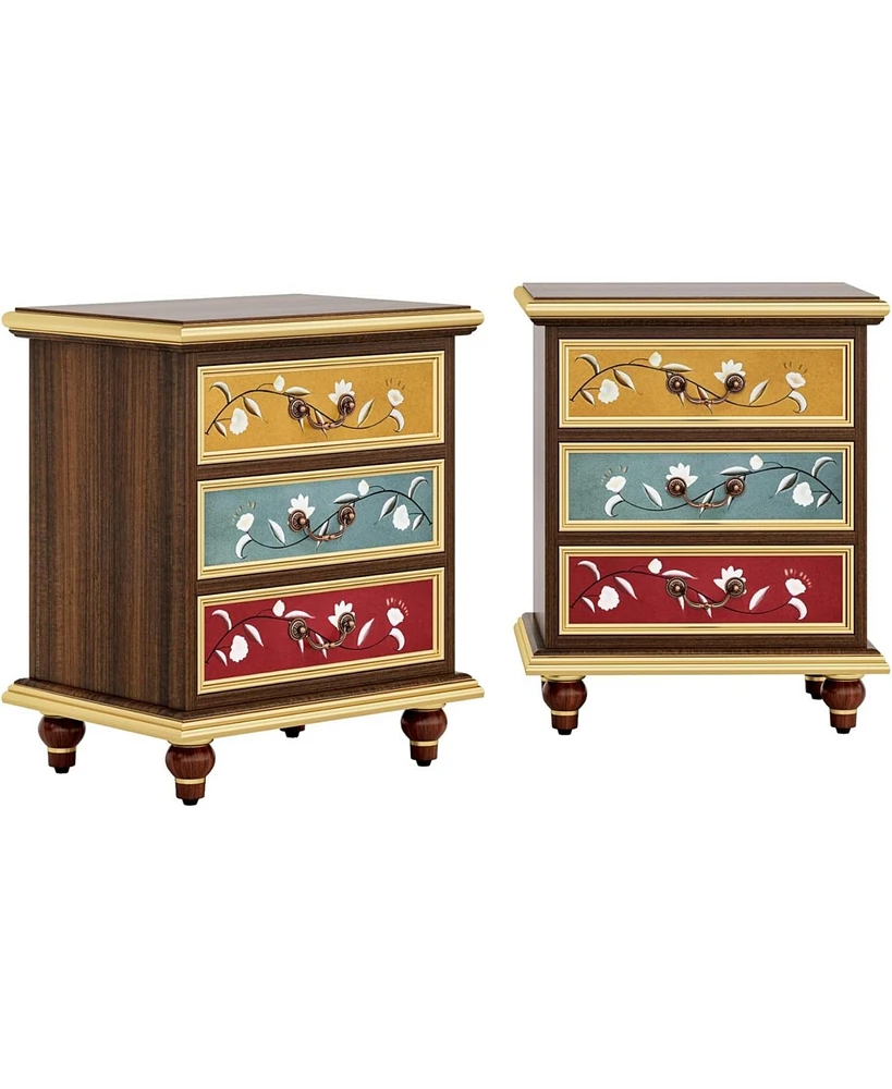 Tribesigns 3-Drawer Nightstand Set of 2, Wood Bedside Table with Retro Flower