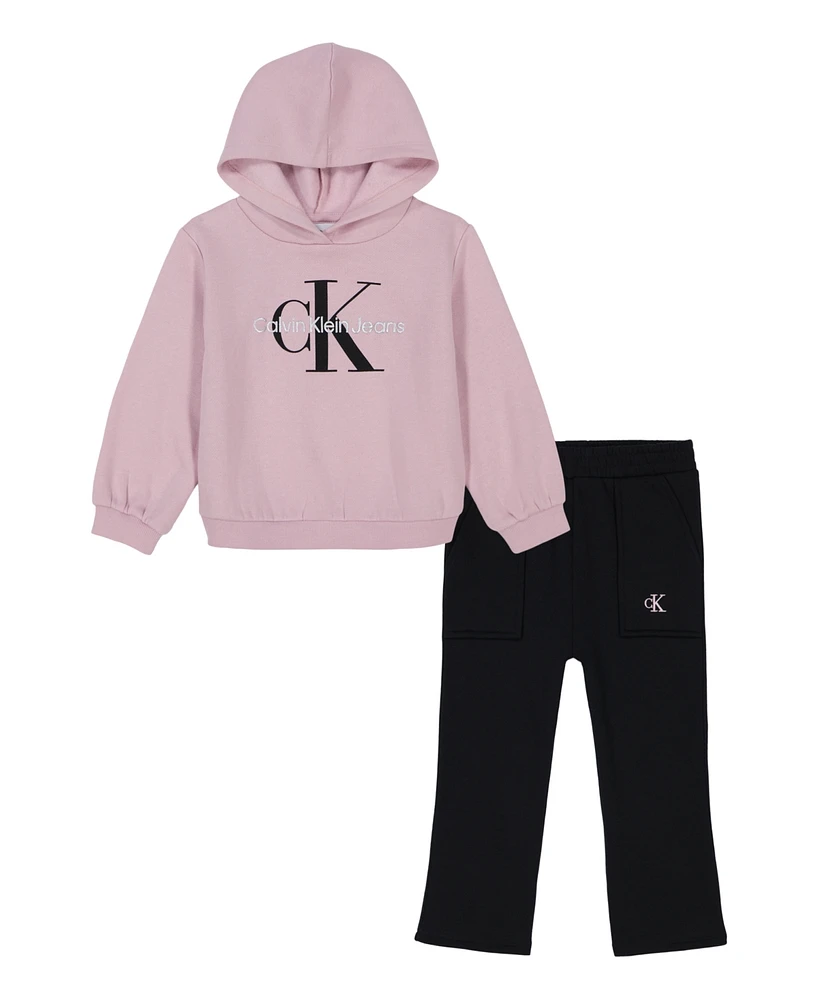 Calvin Klein Toddler Girl Puff Sleeve Logo Hoodie Flare Leg Fleece Pants, 2-Piece Set