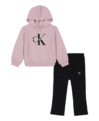 Calvin Klein Toddler Girl Puff Sleeve Logo Hoodie Flare Leg Fleece Pants, 2-Piece Set