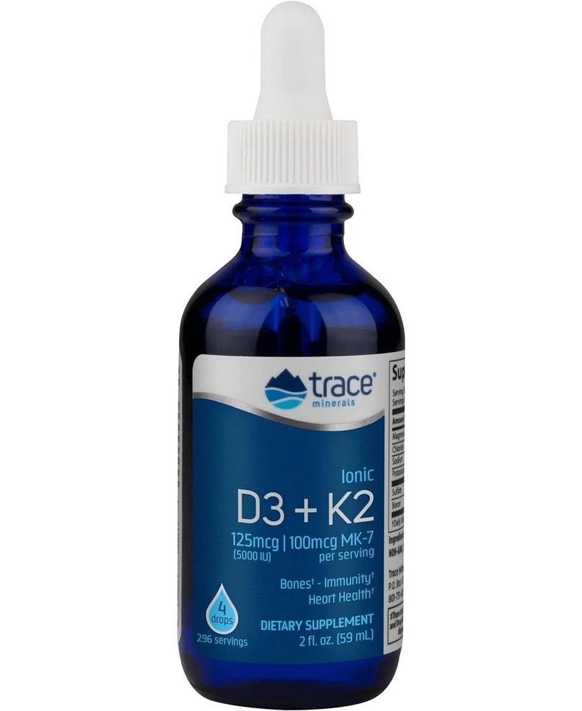 Trace Minerals Liquid Ionic Vitamin D3 + K2 | 125 mcg (5,000 Iu) D3, 100 mcg K2 | Concentrated Dietary Supplement | 2 fl oz. 296 Servings