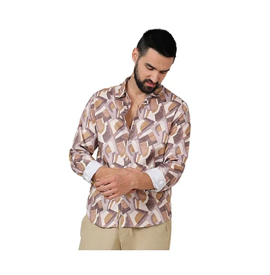 Men's Pale Yellow & Mocha Brown Abstract Block Shirt