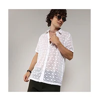 Men's Chalk White Self-Design Cubic Shirt