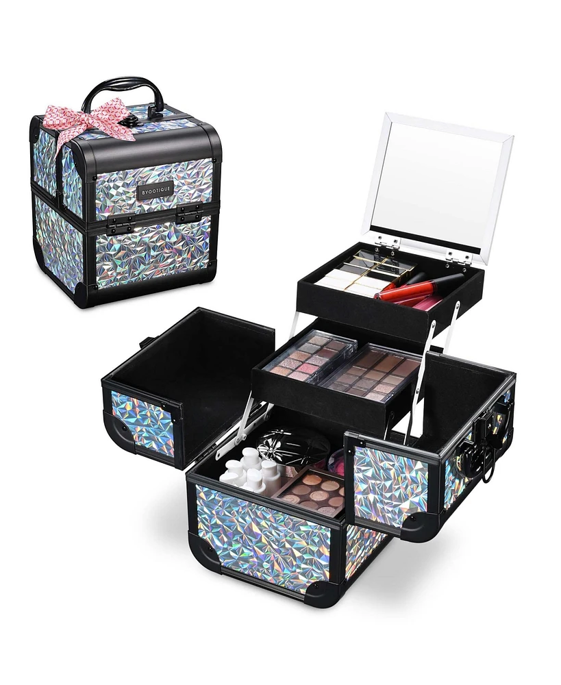 Byootique Makeup Train Case Cosmetic Organizer w/ Mirror Mermaid Silver Artist