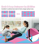 Vebreda 8 Feet Pu Leather Folding Gymnastics Mat with Hook and Loop Fasteners-Pink & Blue