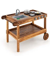 Kids Wooden Mud Play Kitchen Cart with Sink, 4 Stoves & Storage Shelf