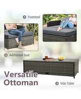 Costway Wicker Loveseat Sofa Set Patio Rattan Daybed with Ottoman & Retractable Side Tray