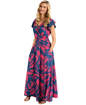 HotSquash London Women's Abstract Print Chiffon Faux Wrap Maxi Dress