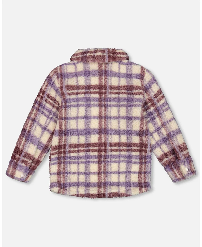 Deux par Big Girls Zip Front Sherpa Overshirt Plaid Purple And White