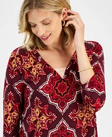 Jm Collection Women's Printed 3/4-Sleeve V-Neck Top, Created for Macy's
