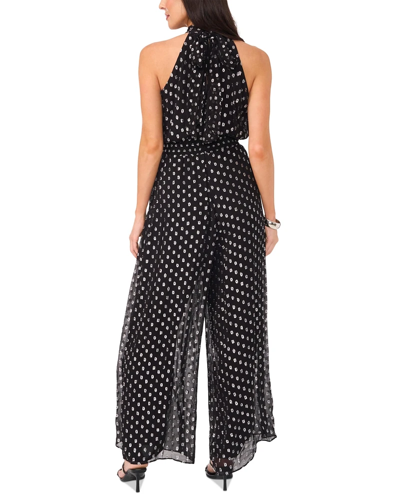 Vince Camuto Women's Foil Dot Halter Smocked-Waist Wide-Leg Jumpsuit