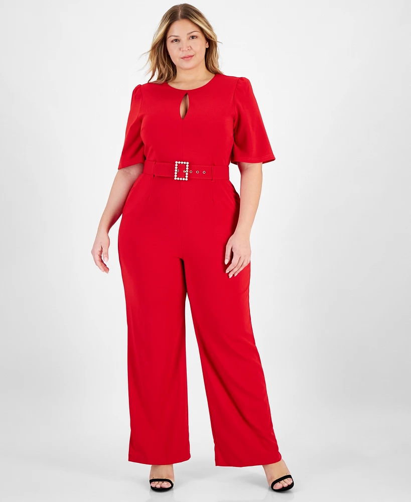 Tahari Plus Belted Wide-Leg Puffed-Shoulder Jumpsuit