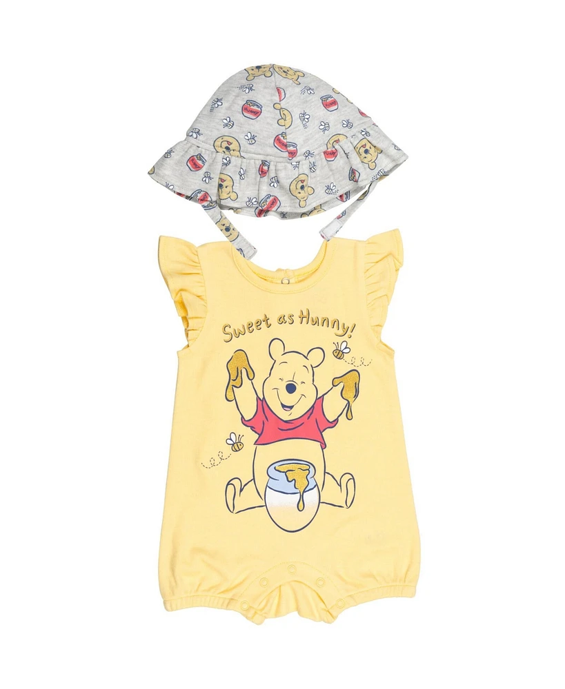 Disney Baby Girls Minnie Mouse Winnie the Pooh Nightmare Before Christmas Snap Romper and Bucket Sun Hat Newborn to