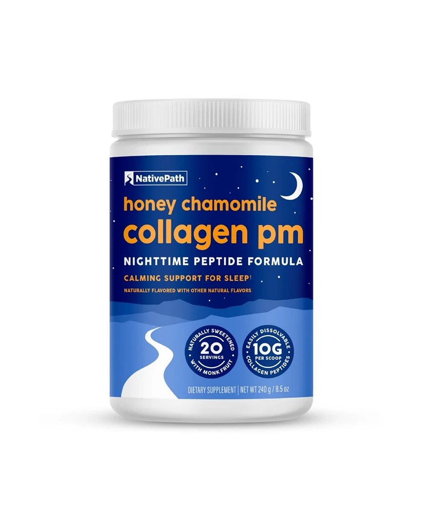 NativePath Collagen Pm - Honey Chamomile Nighttime Collagen Peptides Powder with Magnesium, Gaba, L-Theanine and Melatonin - 20 Servings