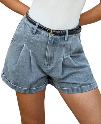 Cupshe Women's Pleated High-Rise Denim Shorts