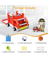 Costway Fire Truck Themed Inflatable Castle Water Park Kids Bounce House w/ 480W Blower