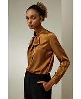 Jacquard-wave Silk Blouse with Bow for Women