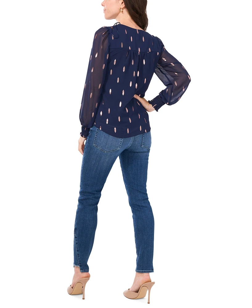 Sam & Jess Petite V-Neck Smocked-Trim Long-Sleeve Top