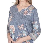 Alfred Dunner Petite Floral Border Split-Neck Top