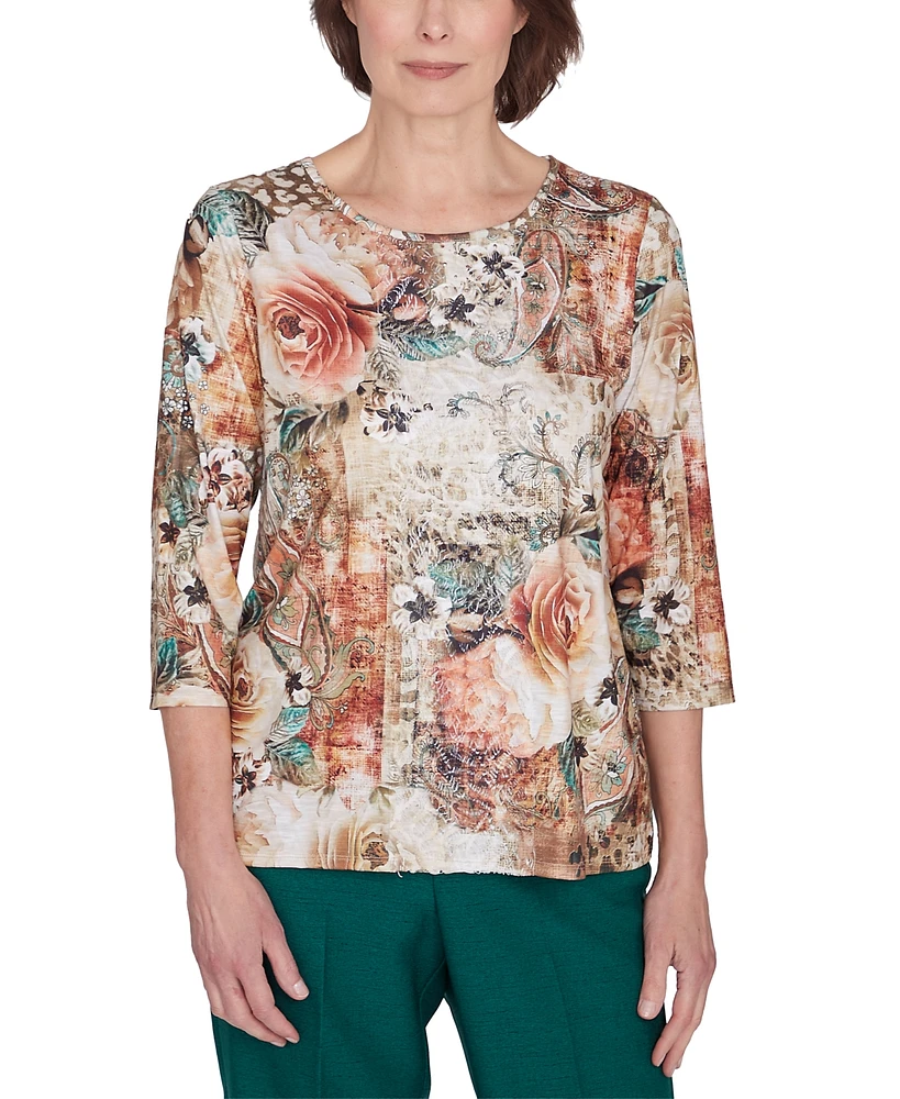 Alfred Dunner Petite Center Lace Floral-Print Top