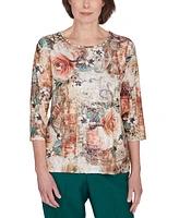 Alfred Dunner Petite Center Lace Floral-Print Top