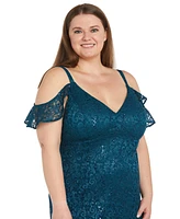 R & M Richards Plus Sequin Lace Cold-Shoulder Gown