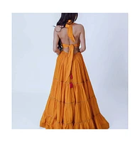 Raas Women's Hand Embroidered Tiered Yellow Gown with Cutouts