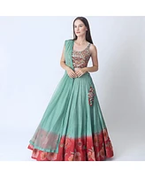 Raas Women's Mint Green Lehenga Choli Set with Shaded Floral Patchwork Skirt and Mirror Work Blouse