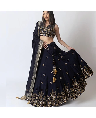 Raas Women's Blue and Gold Hand Embroidered Raw Silk Lehenga Choli