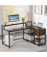 Tribesigns 55-inches Reversible L Shaped Desk with Drawer, Modern White Corner Home Office Table Storage Shelves and Monitor Stand, Wooden