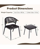 Costway 3 Pcs Patio Rattan Furniture Set with Tempered Glass Tabletop Wicker Seat