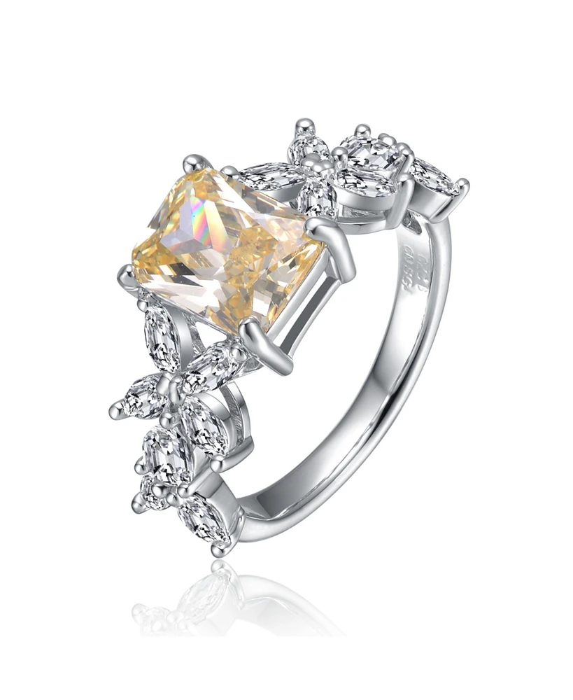 Genevive Sterling Silver Canary Yellow & White Cubic Zirconia Radiant Leaf Trellis Cluster Statement Ring