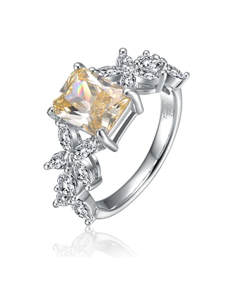 Genevive Sterling Silver Canary Yellow & White Cubic Zirconia Radiant Leaf Trellis Cluster Statement Ring