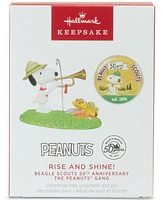 Hallmark Keepsake Christmas Ornament and Pin The Peanuts Gang Beagle Scouts 50th Anniversary Rise and Shine, Set of 2