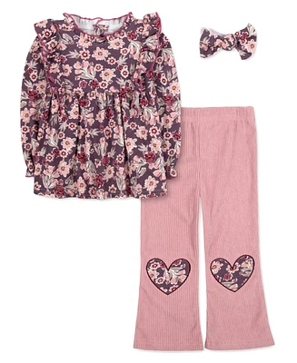 Baby Essentials Girl Floral Tunic Top with Flare Pant & Headband, 3-Piece Set