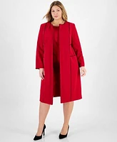 Kasper Plus Size Contrast Tipped Collarless Long Jacket Tipped Sleeveless Sheath Dress