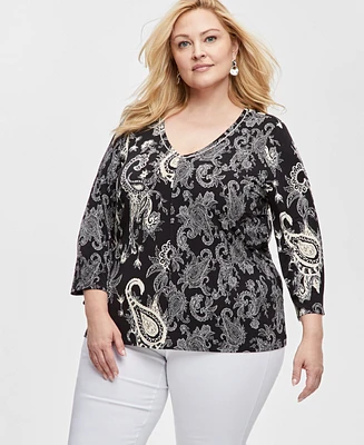 Jm Collection Plus Rhinestone-Trim Printed Top