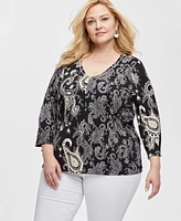 Jm Collection Plus Rhinestone-Trim Printed Top, Exclusively at Macy's