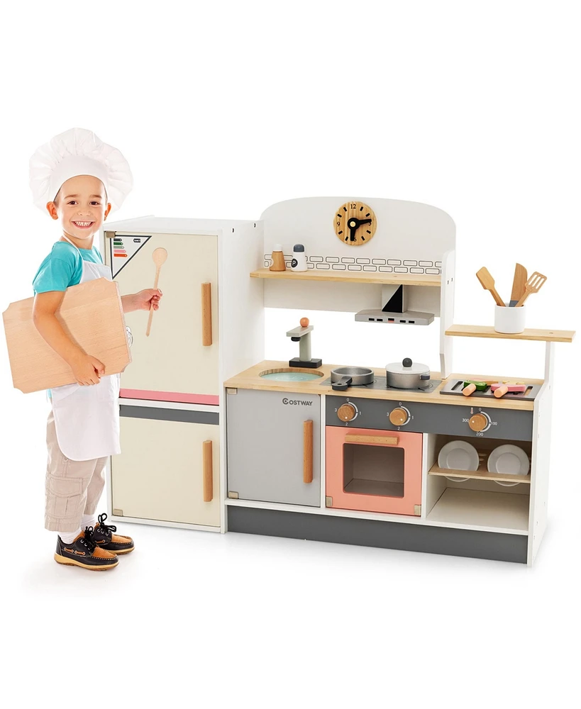 Costway Kids Chef Play Kitchen Set Toddlers Wooden Pretend Toy Playset with Range Hood