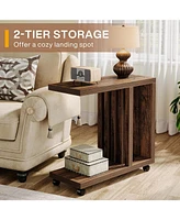 Tribesigns C-Shaped End Table, 2-Tier Side Table for Couch and Bed, Small Couch Table with Lockable Wheels, Wood Bedside Table for Living Room, Bedroo