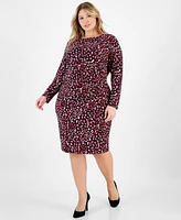 Kasper Plus Printed Boat-Neck Long-Sleeve Dress