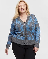 Jm Collection Plus Size Print Metallic-Threaded Cardigan, Exclusively at Macy's