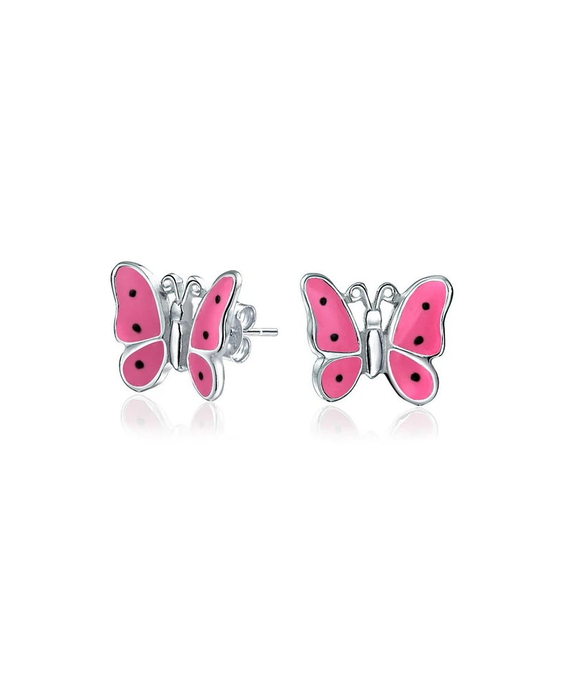 Bling Jewelry Tiny Dainty Pink Enamel Garden Butterfly Shaped Stud Earrings For Women For Sterling Silver