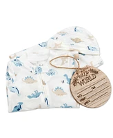 Baby Essentials Baby Boy Dino Footie, Swaddle, Hat & Wood Sign, 4-Piece Set