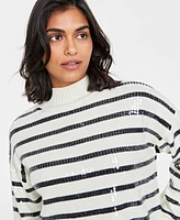 On 34th Women's Sequined Striped Mock-Neck Sweater, Created for Macy's