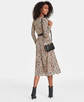 On 34th Womens Leopard Midi Dress Metallic Faux Leather Belt Crossbody Bag Tulip Booties Created For Macys