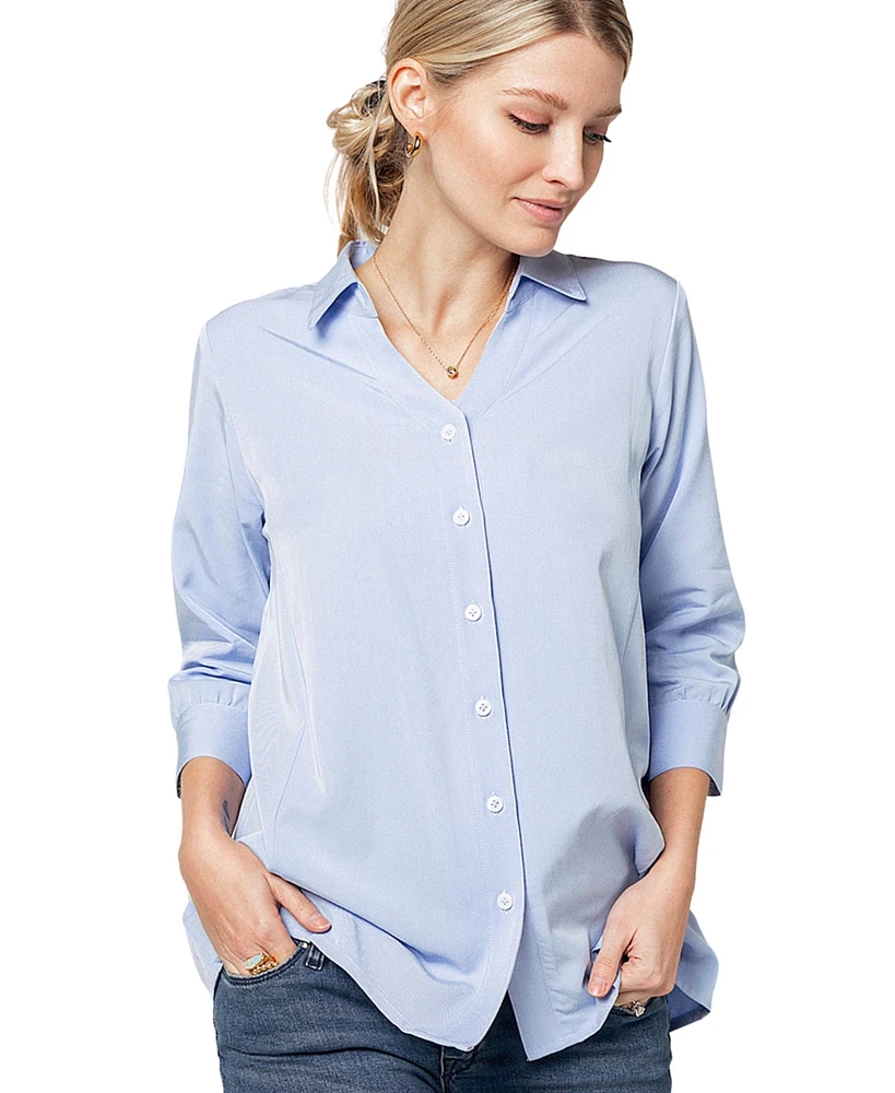 Marion Maternity No-Gap 3/4 Sleeve Nursing Button Down Shirt with Bra Concealing Design Tencel