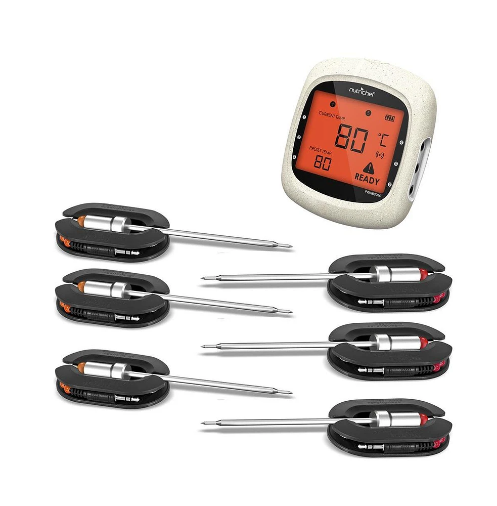 NutriChef 6 Channels Bluetooth Bbq Digital Thermometer with 6 Probes - Large Lcd Display, for Grilling Smoking, Oven, Cooking, and Bbq